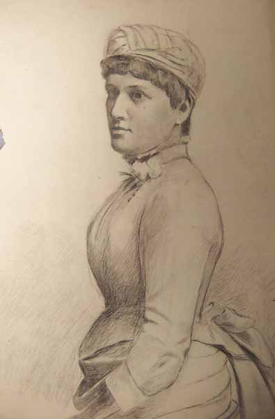 Three-Quarter Length Portrait of Young Woman Wearing Small Hat and Dress with Bustle